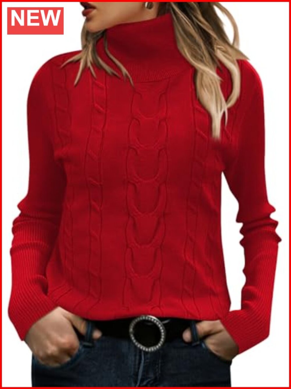 Turtleneck Cable Knit Sweater Long Sleeve Ribbed Slim Fit Pullover